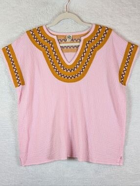 ivy jane Boho Embroidered Pink Women's Top with Mustard Trim 💯 Cotton